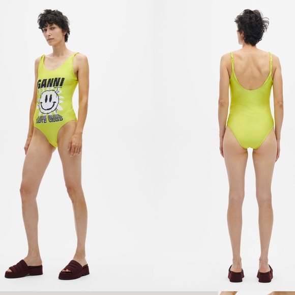 NEW • Ganni • Women's blazing Yellow Recycled Graphic One-Piece Swimsuit Love - Picture 2 of 6